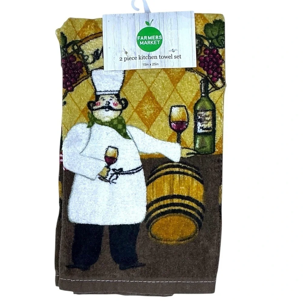 Farmers Market Kitchen Towels Wine Barrel Chef Cotton Velour Terry Set 2 Pieces